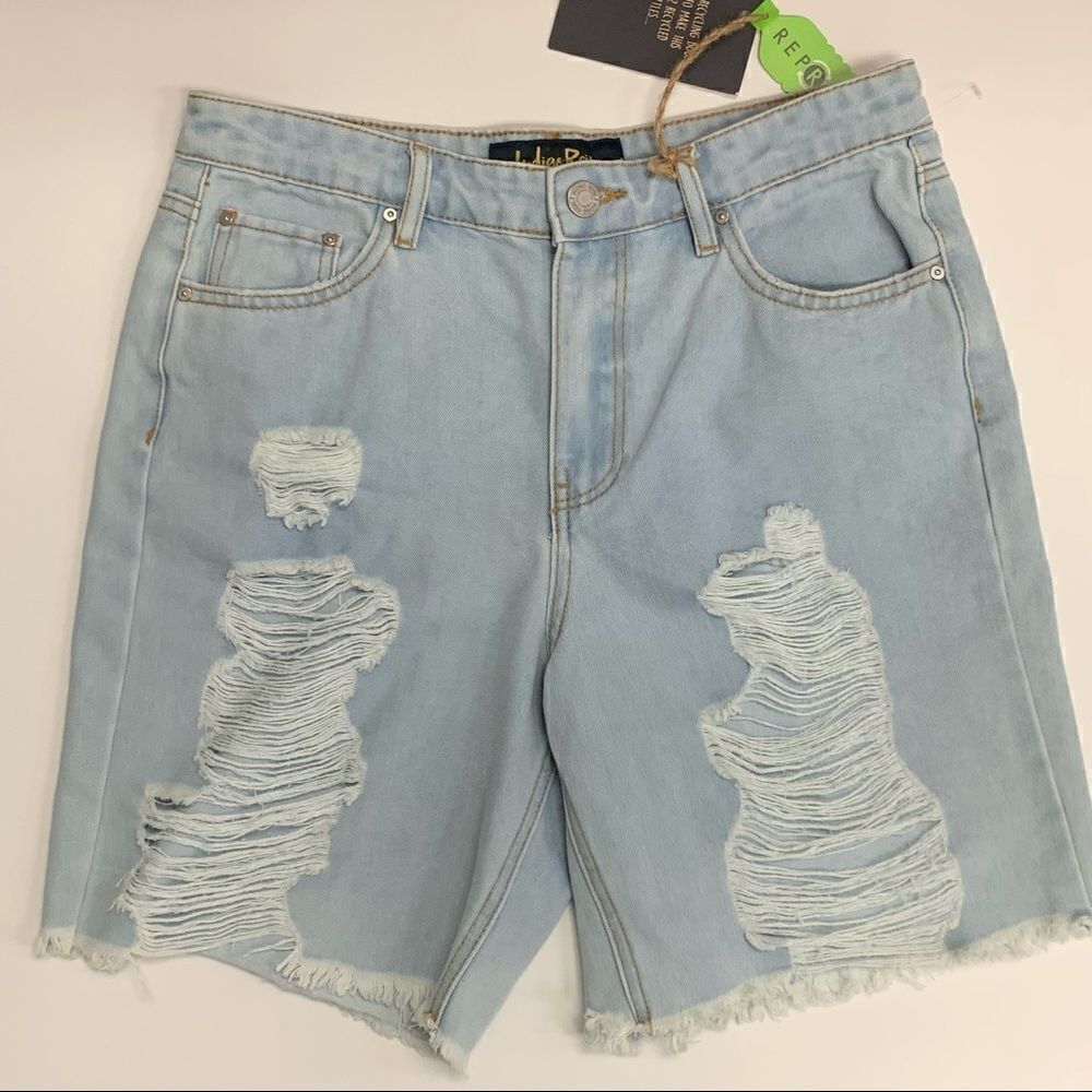 Indigo Rein Recycled Super High Rise Distressed Denim Bermuda Shorts, Size 11/29 - Picture 11 of 12